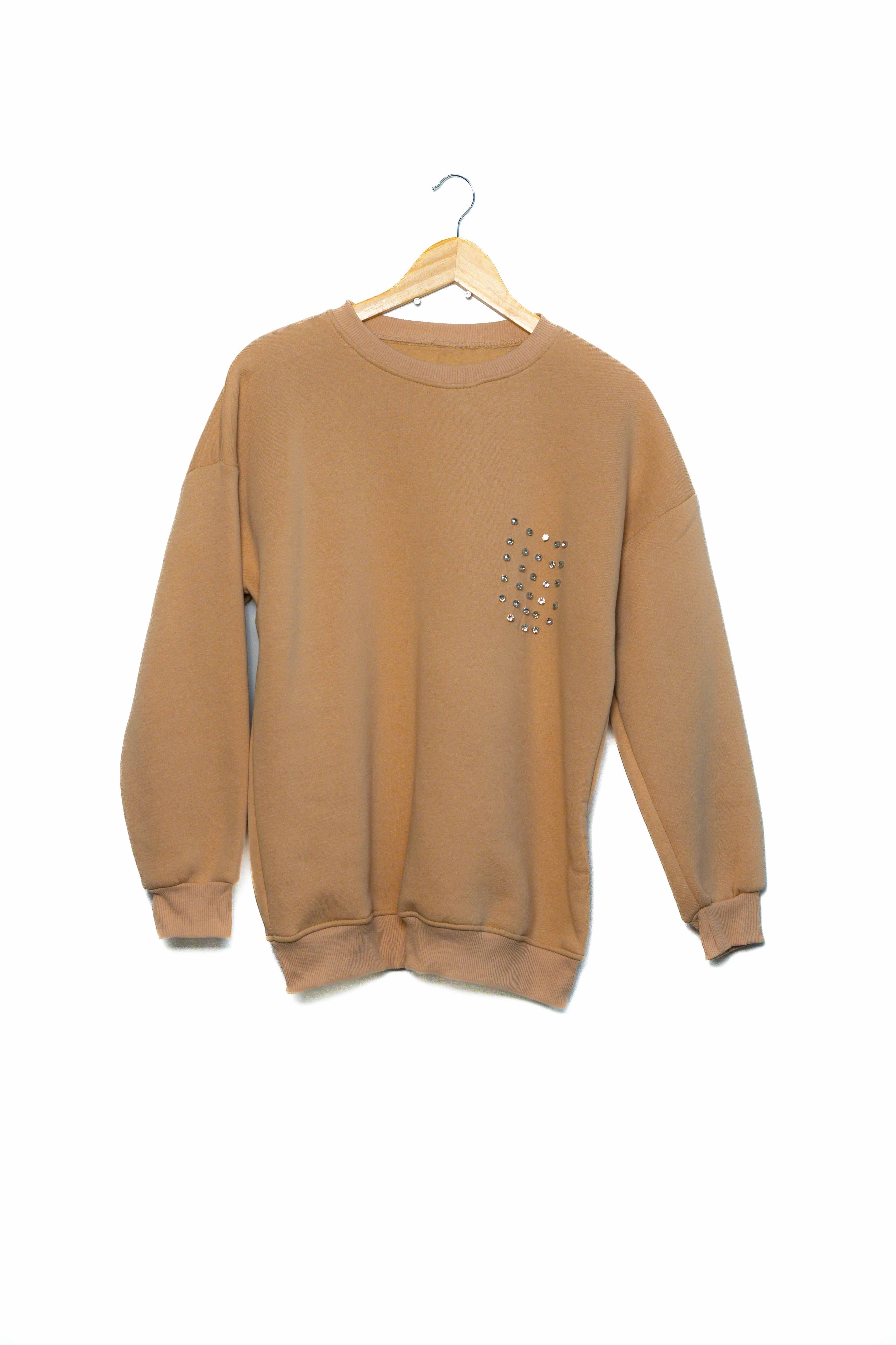 Bisiklet yaka 3 ip şardonlu golden cep taşlı sweatshirt