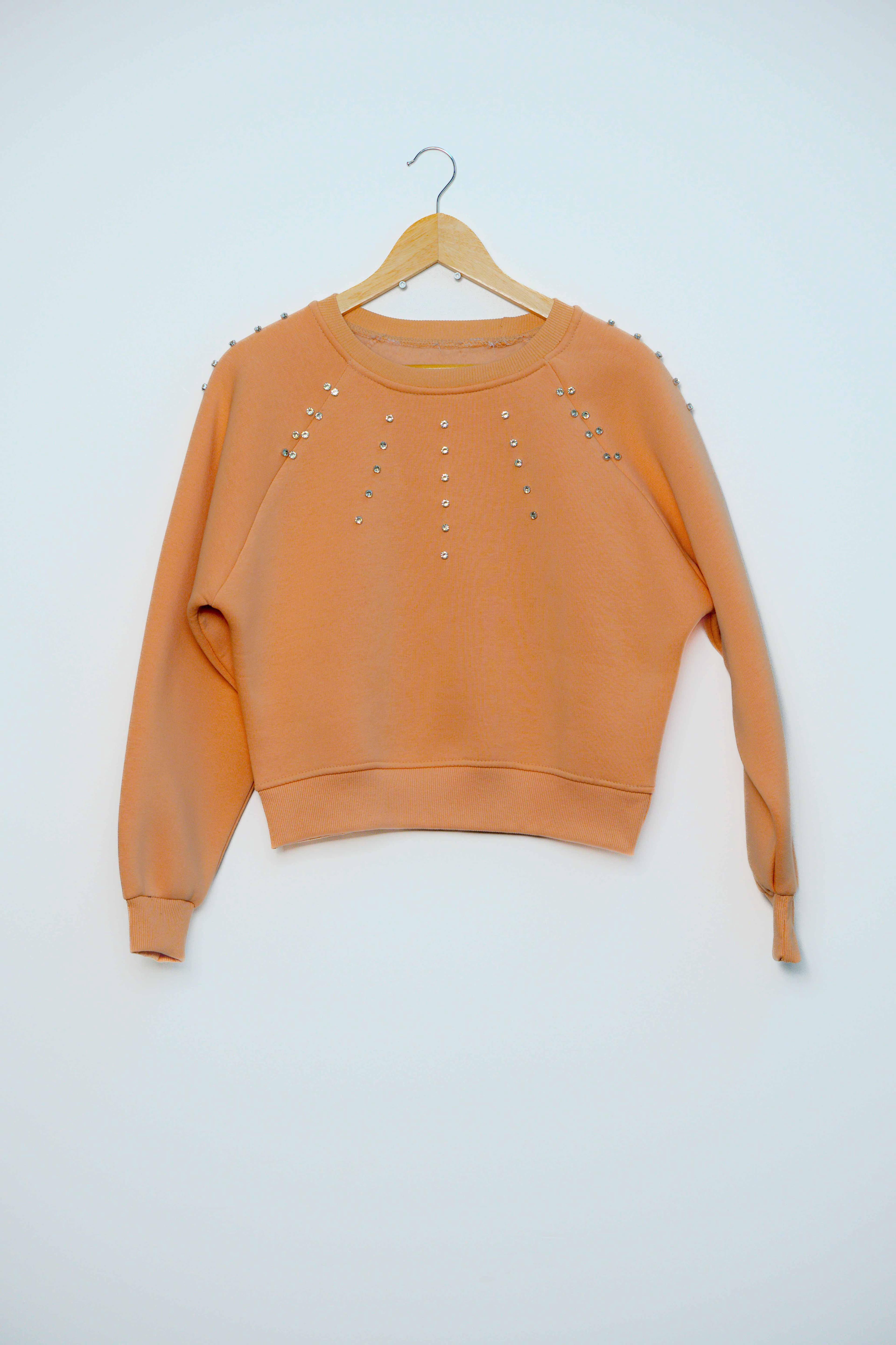 Bisiklet yaka reglan kol 3 ip şardonlu taşlı sweatshirt